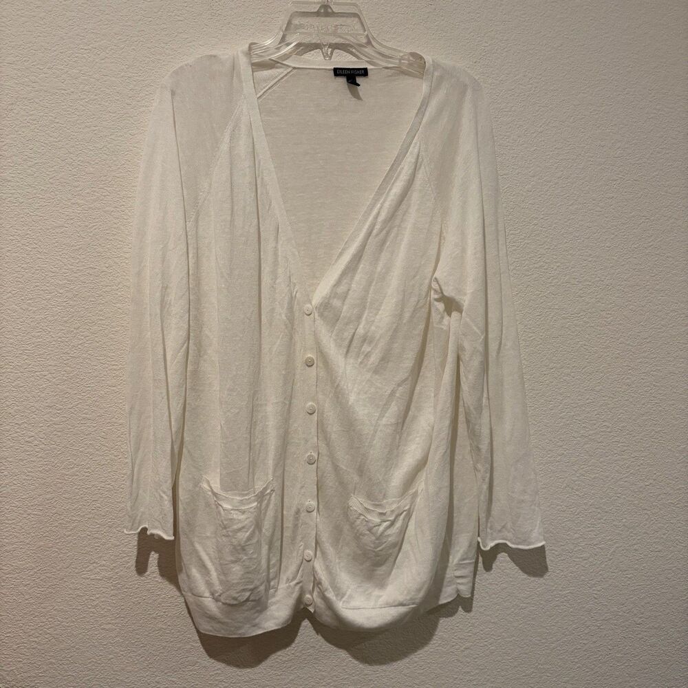 Eileen Fisher Women’s 3/4 Sleeve Button Cardigan Women Medium Org Linen Cotton